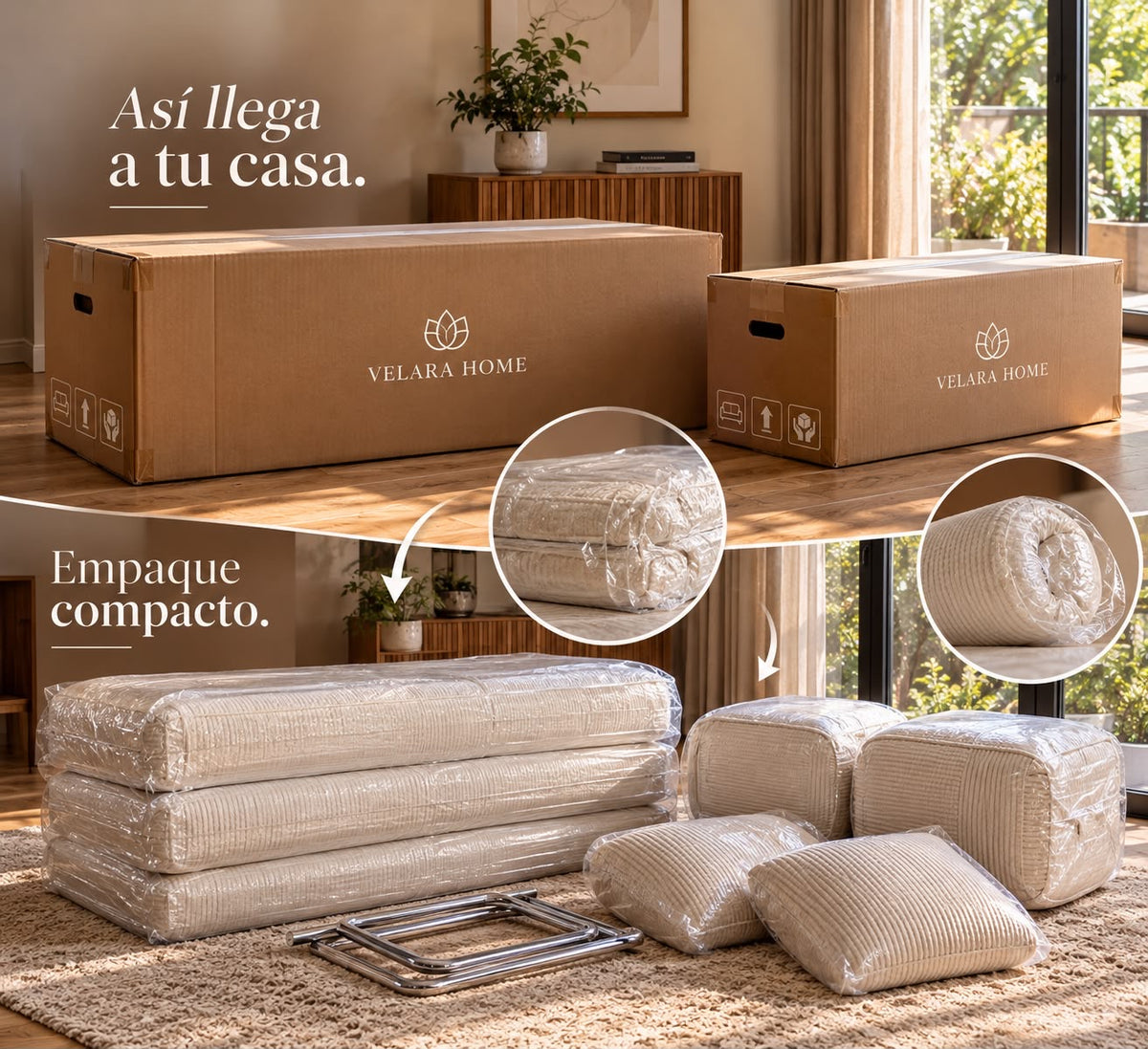 Sofá Cama Bloom — cómo llega en cajas