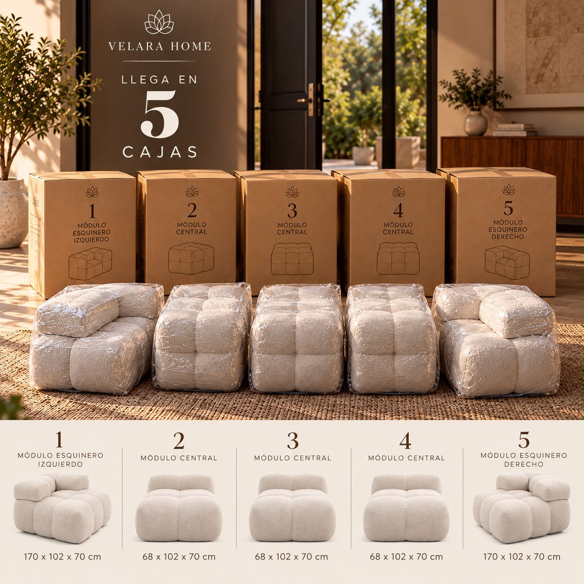Sala Modular Luna — cómo llega en 5 cajas